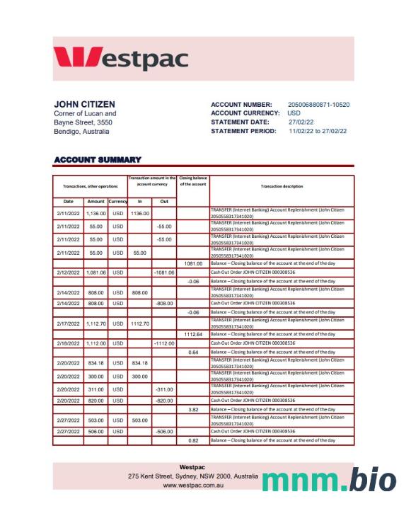 Australia Westpac wyciąg bankowy szablon Worda i PDF, 3 stronas 3